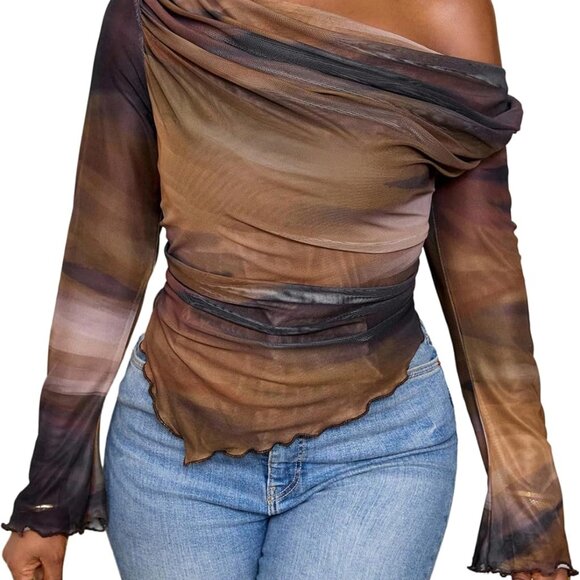 Chic Plus Size Tie Dye Long Sleeve Tee with Off-Shoulder Design - 5XL Available - Picture 1 of 5